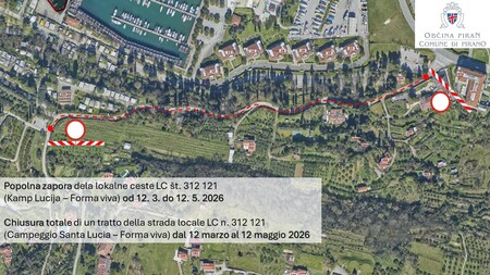 Popolna zapora dela lokalne ceste LC št. 312 121 - avtokamp Lucija - Forma viva - od 12. 3. do 15. 5. 2026 - 1.